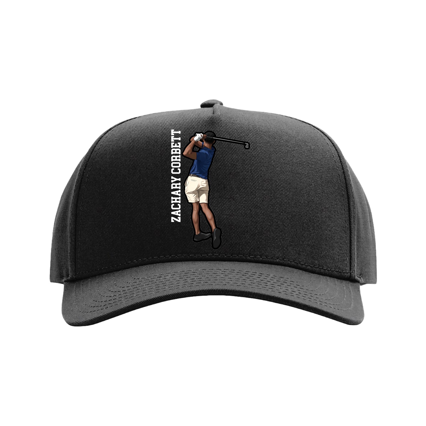 Full Fabric Five-Panel Champ Cap — Name Vertical in Black