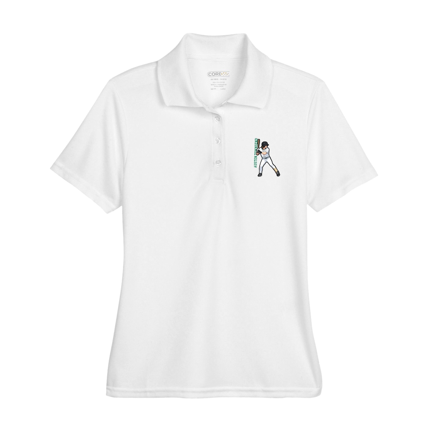 Womens Performance Polo — Name Vertical in White