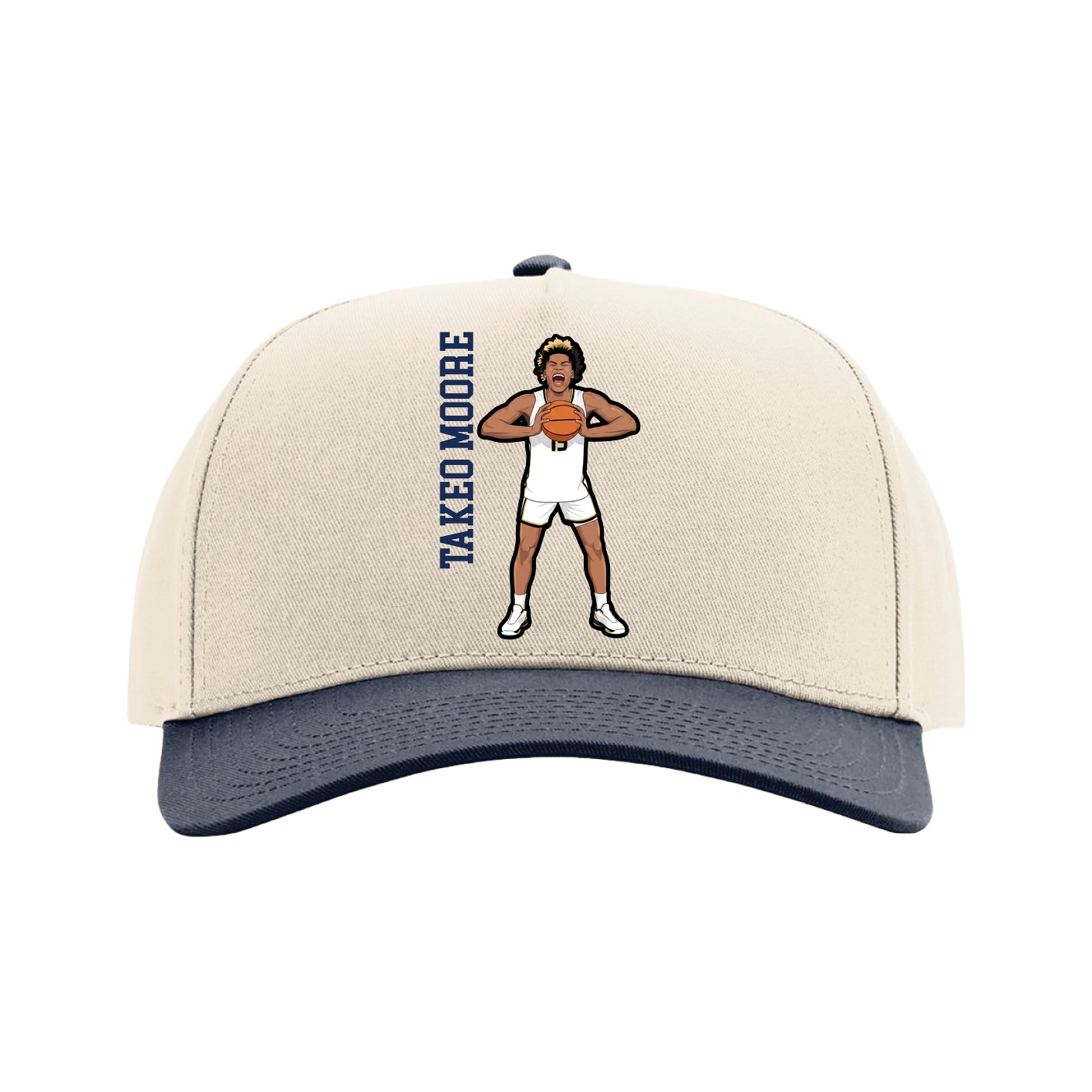 Full Fabric Five-Panel Champ Cap — Name Vertical in Cream/Navy