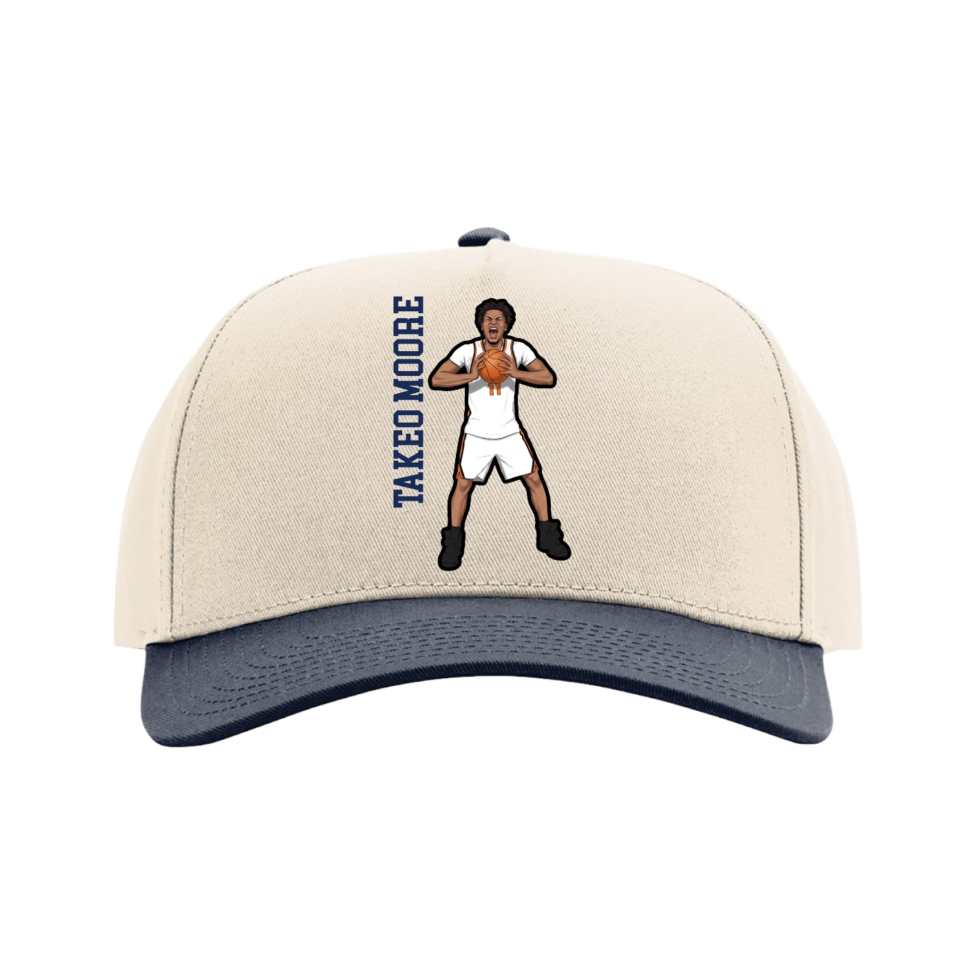 Full Fabric Five-Panel Champ Cap — Name Vertical in Cream/Navy