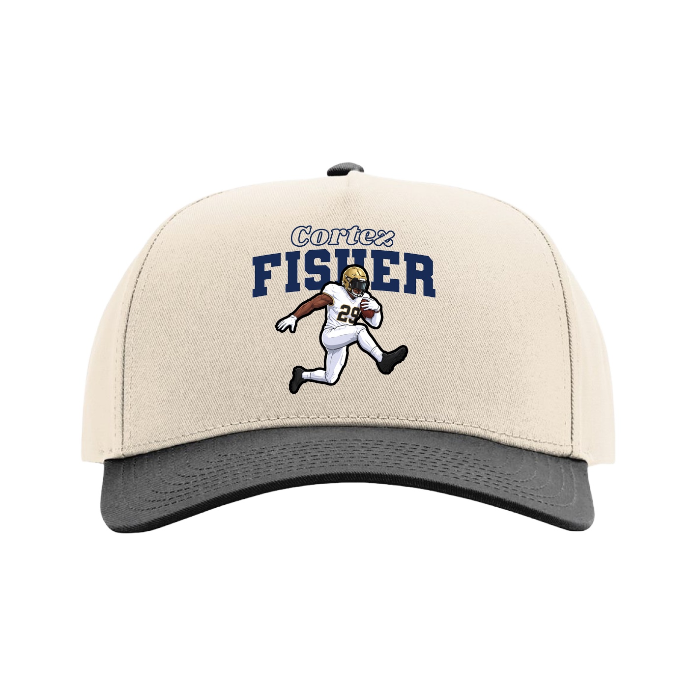 Full Fabric Five-Panel Champ Cap — Name Arch in Cream/Black