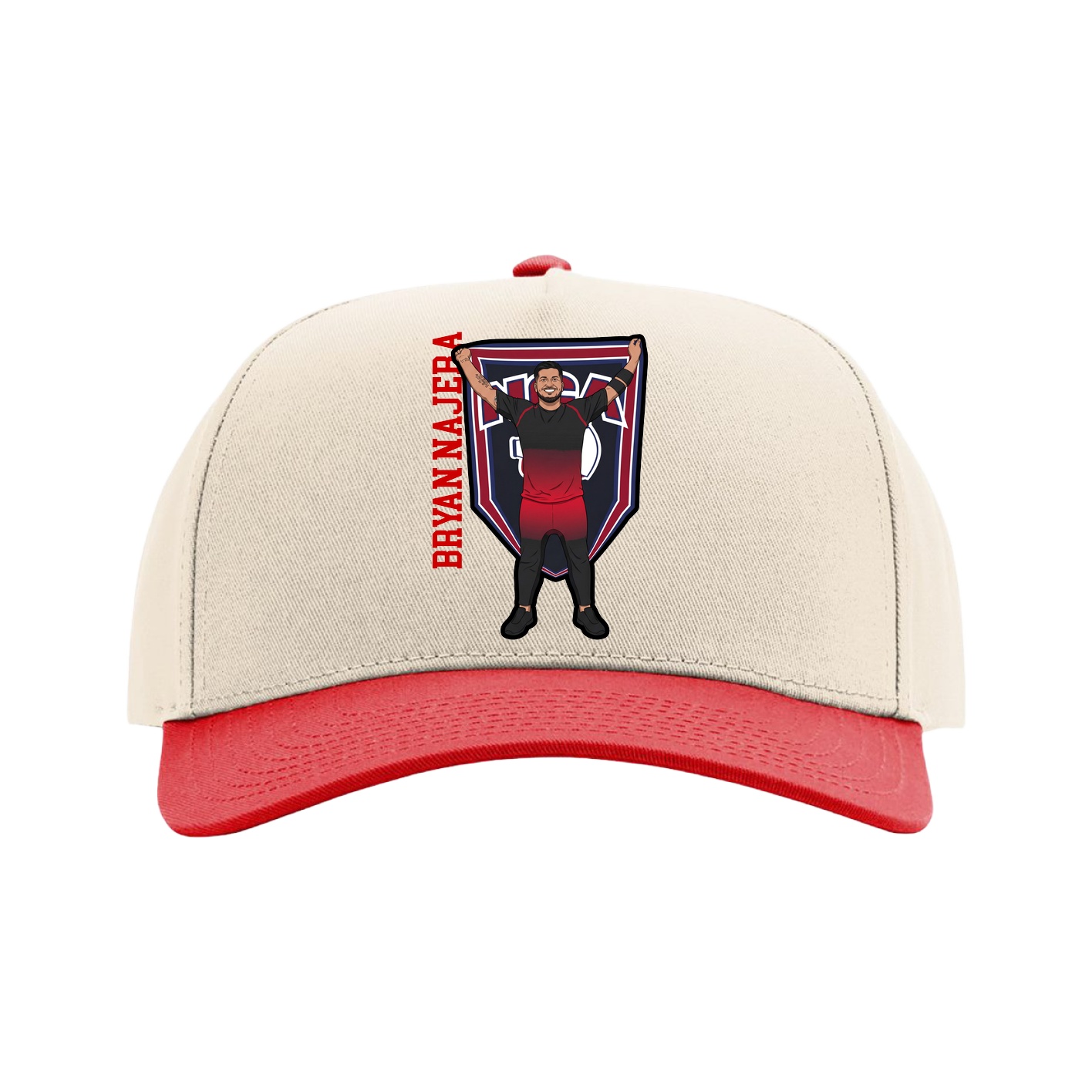 Full Fabric Five-Panel Champ Cap — Name Vertical in Cream/Red