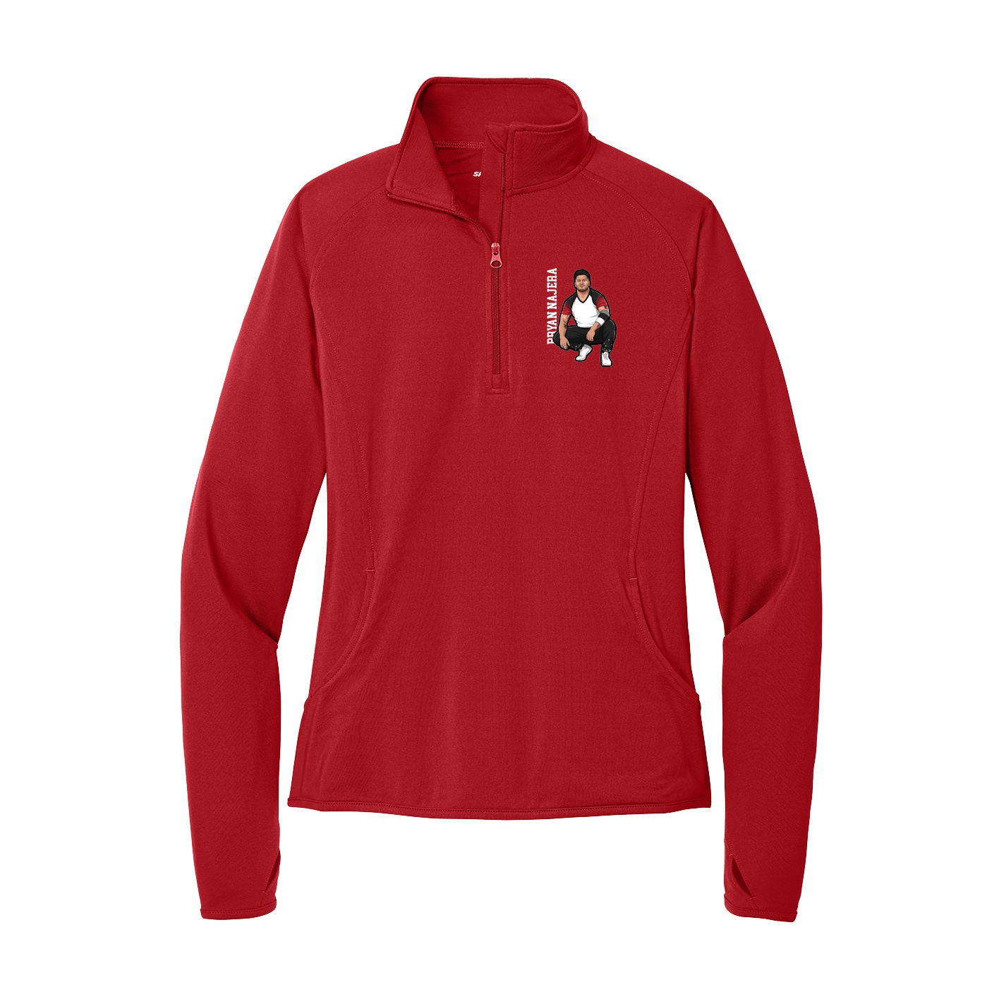 Women's Q-Zip Pullover — Name Vertical in Red