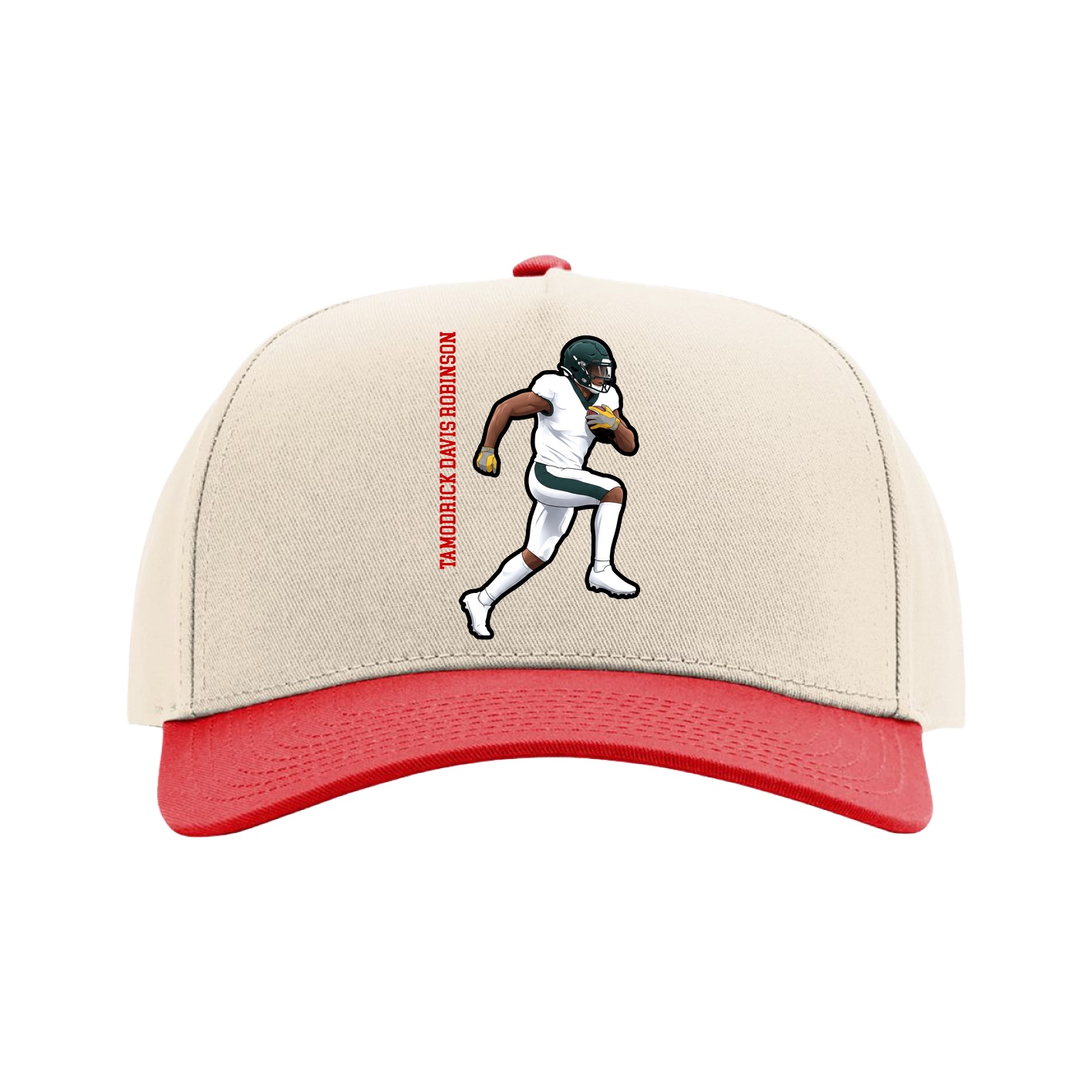 Full Fabric Five-Panel Champ Cap — Name Vertical in Cream/Red