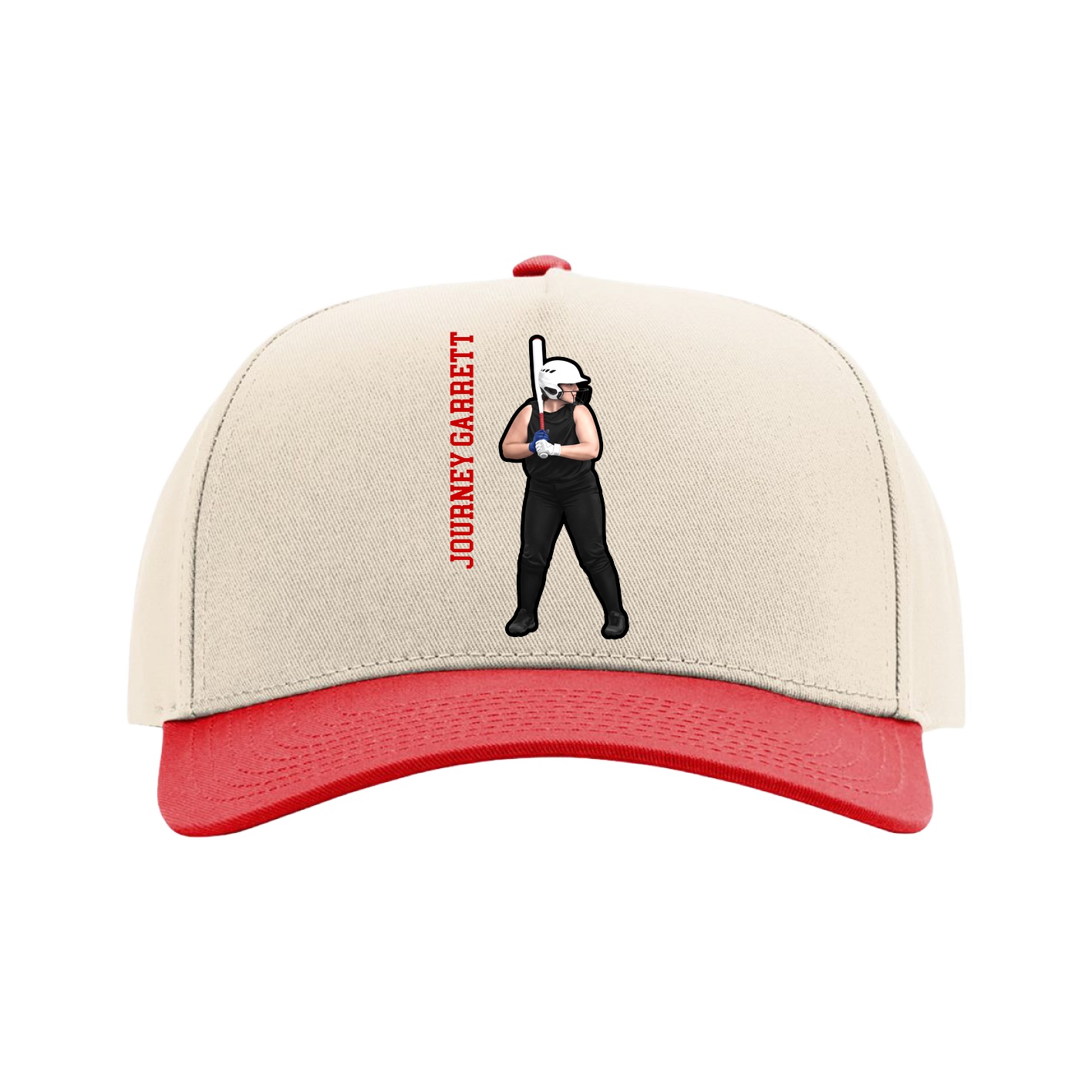 Full Fabric Five-Panel Champ Cap — Name Vertical in Cream/Red