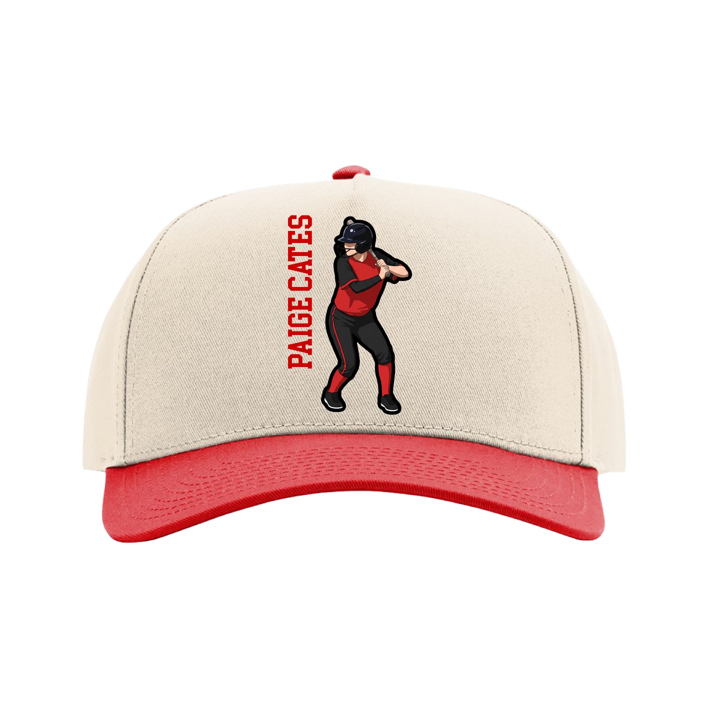 Full Fabric Five-Panel Champ Cap — Name Vertical in Cream/Red