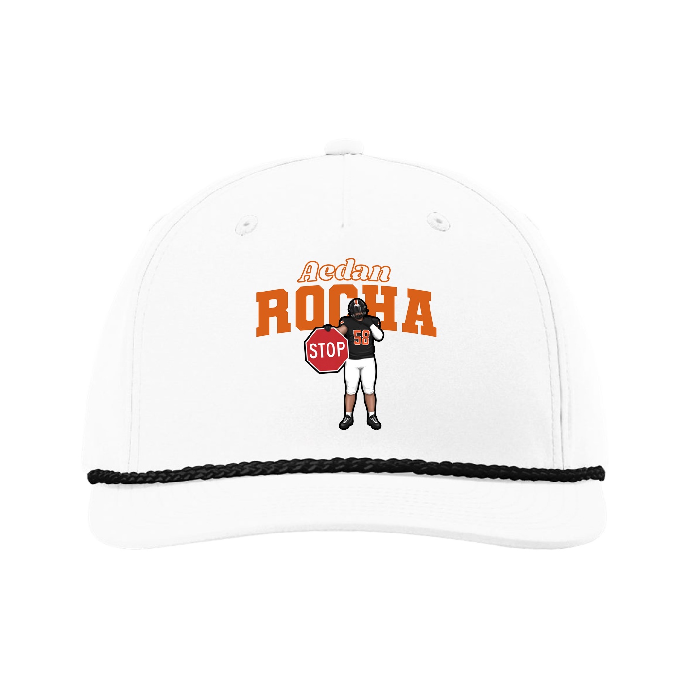Five-Panel Classic Rope Cap — Name Arch in White