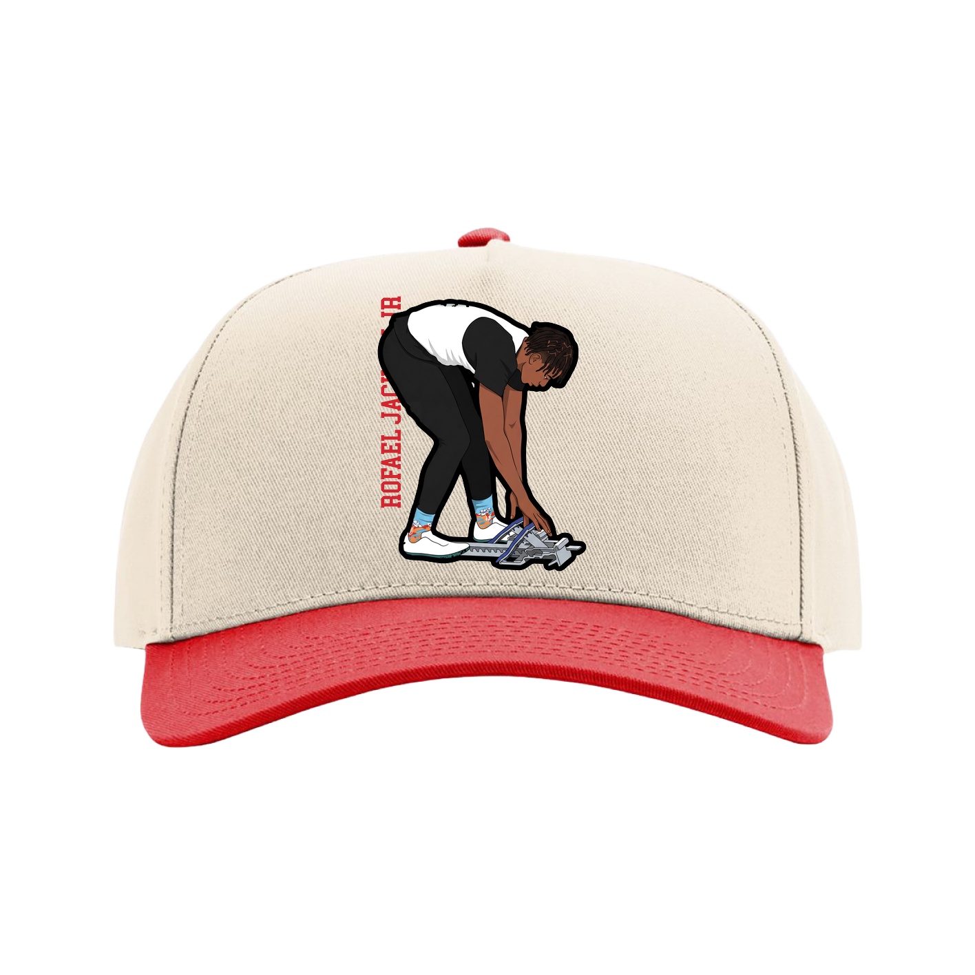 Full Fabric Five-Panel Champ Cap — Name Vertical in Cream/Red