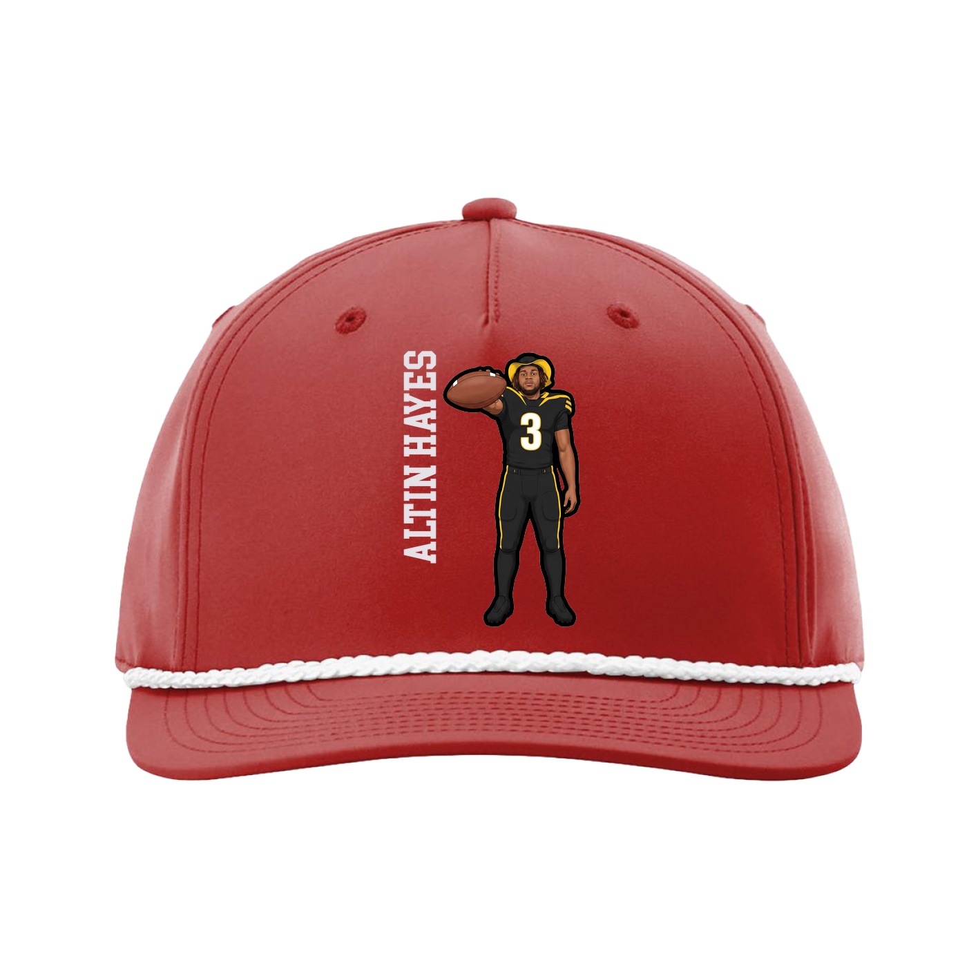 Five-Panel Classic Rope Cap — Name Vertical in Red