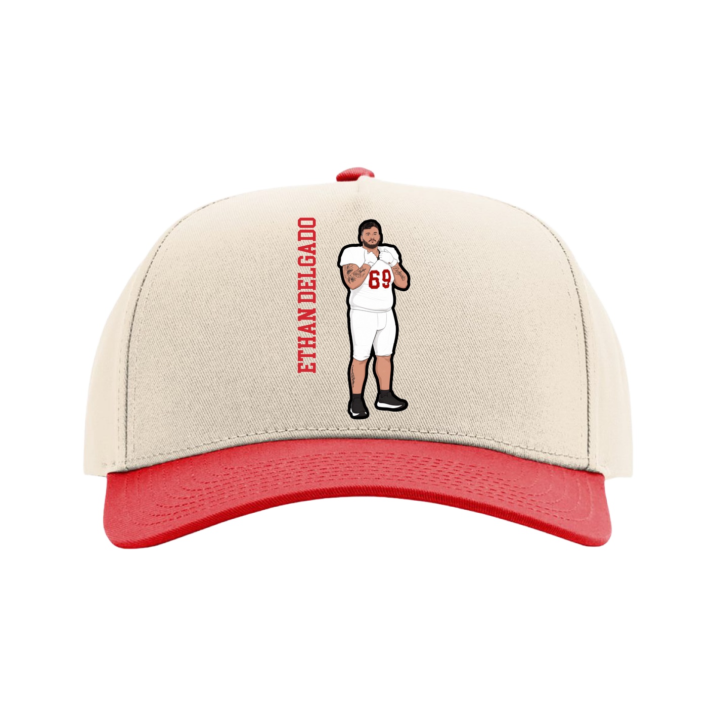 Full Fabric Five-Panel Champ Cap — Name Vertical in Cream/Red