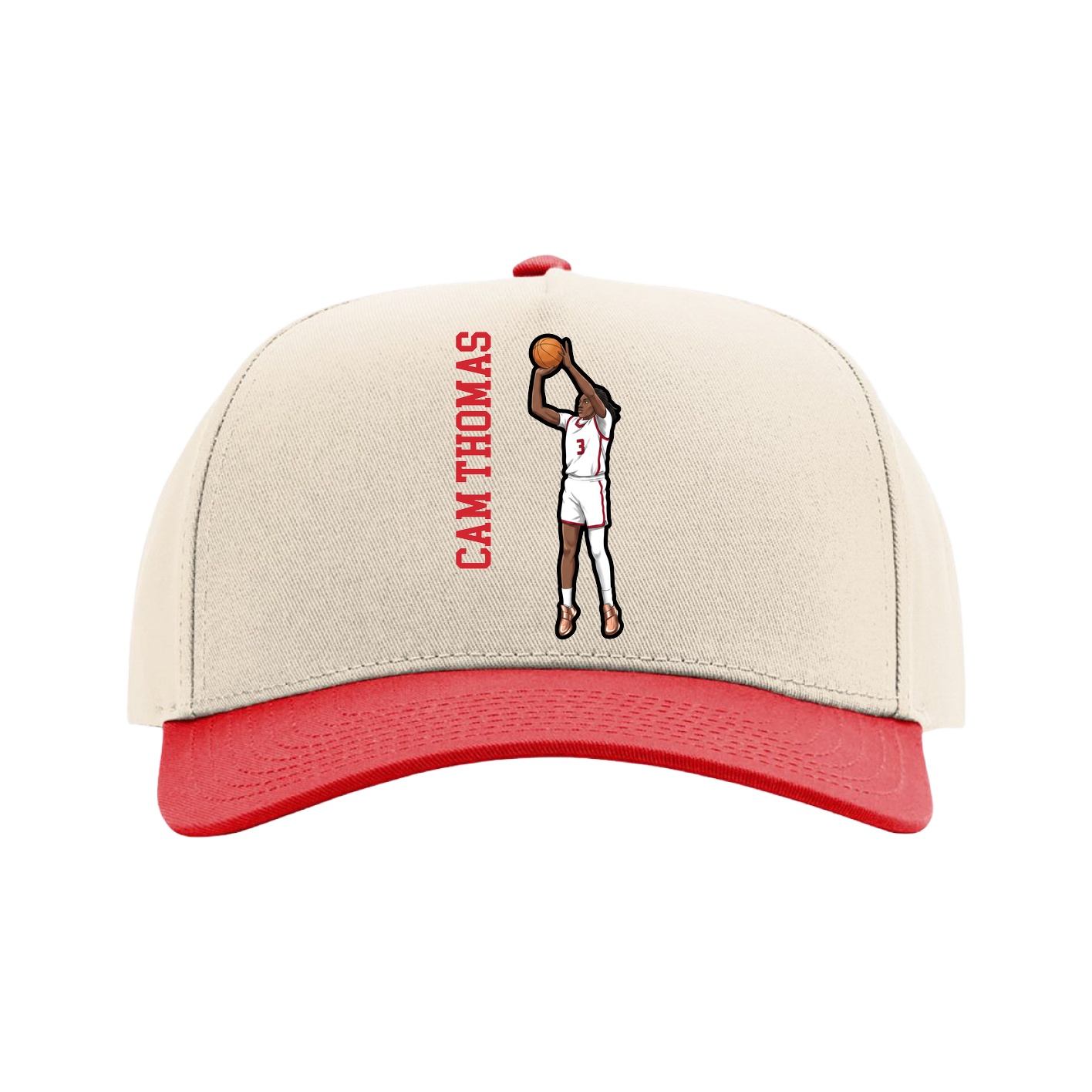 Full Fabric Five-Panel Champ Cap — Name Vertical in Cream/Red