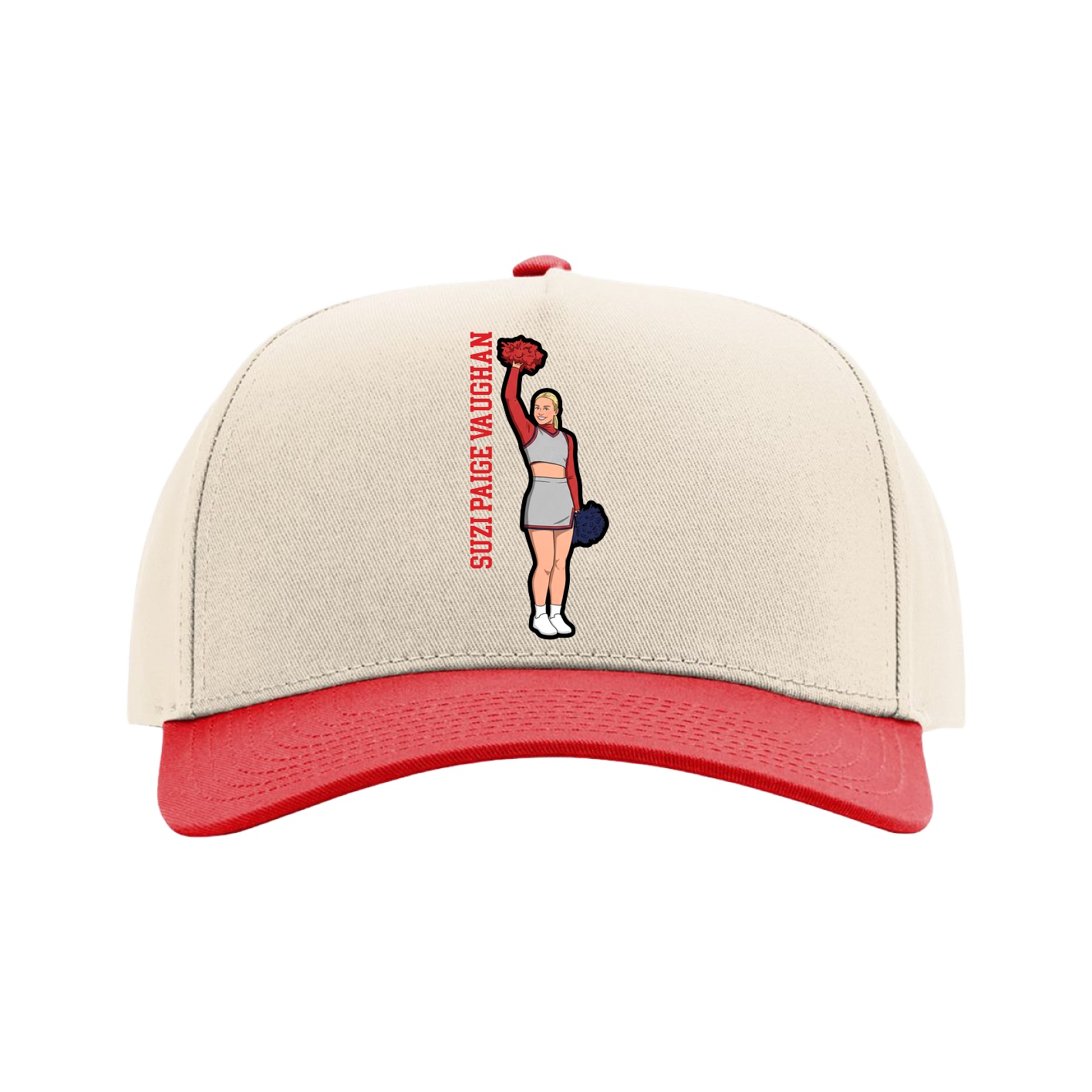 Full Fabric Five-Panel Champ Cap — Name Vertical in Cream/Red