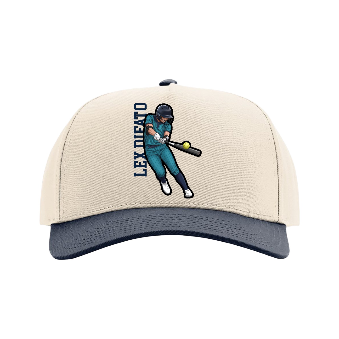 Full Fabric Five-Panel Champ Cap — Name Vertical in Cream/Navy