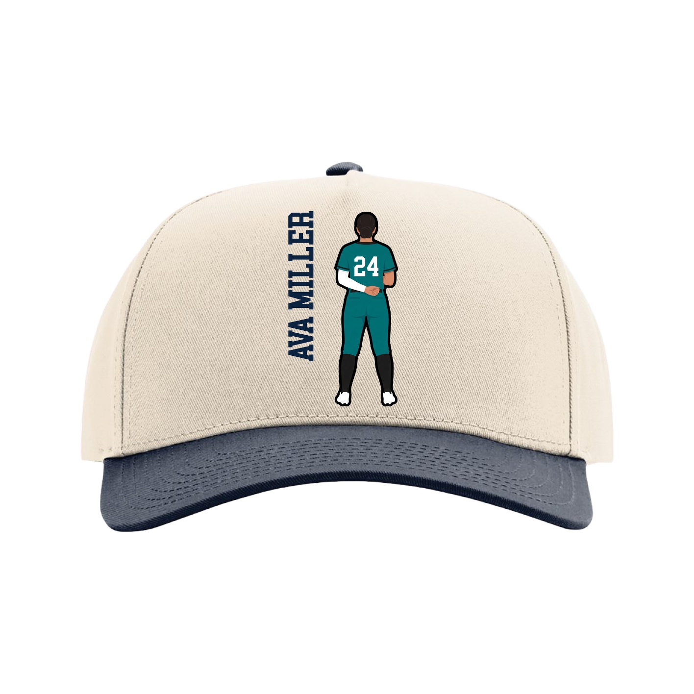 Full Fabric Five-Panel Champ Cap — Name Vertical in Cream/Navy