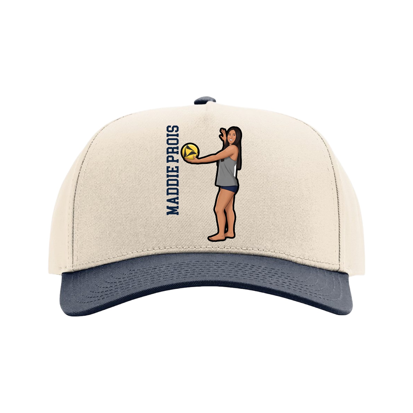 Full Fabric Five-Panel Champ Cap — Name Vertical in Cream/Navy