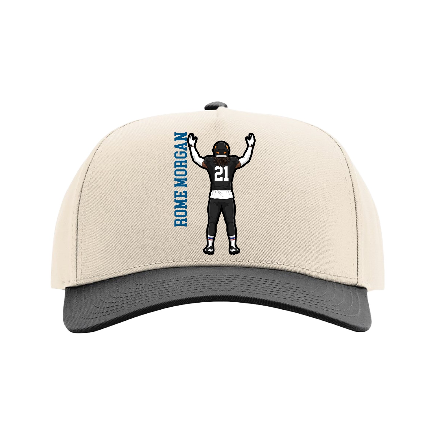 Full Fabric Five-Panel Champ Cap — Name Vertical in Cream/Black
