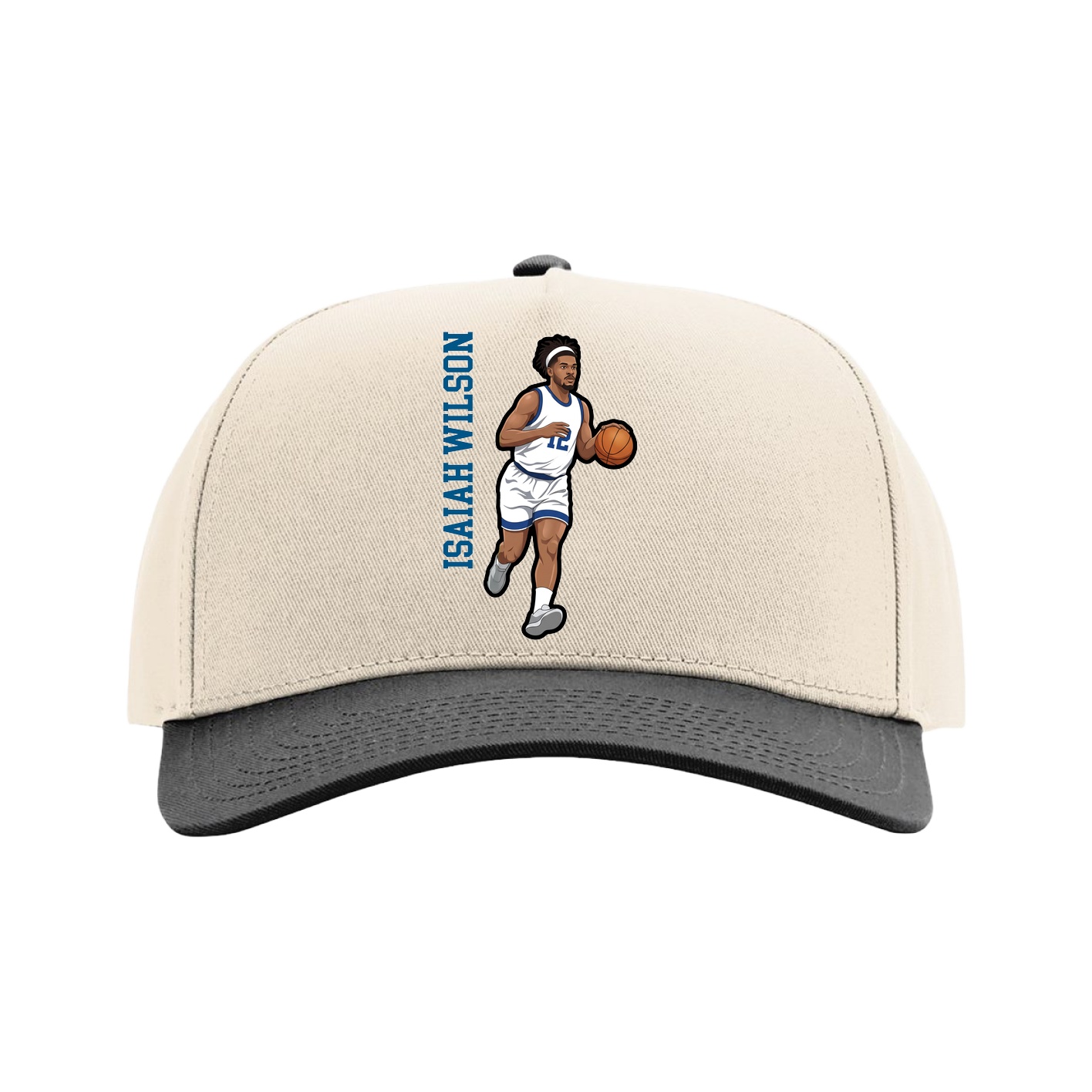 Full Fabric Five-Panel Champ Cap — Name Vertical in Cream/Black
