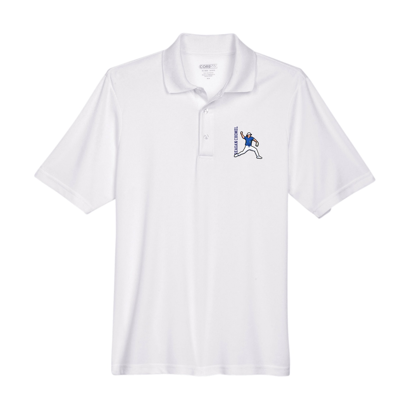 Performance Polo — Name Vertical in White