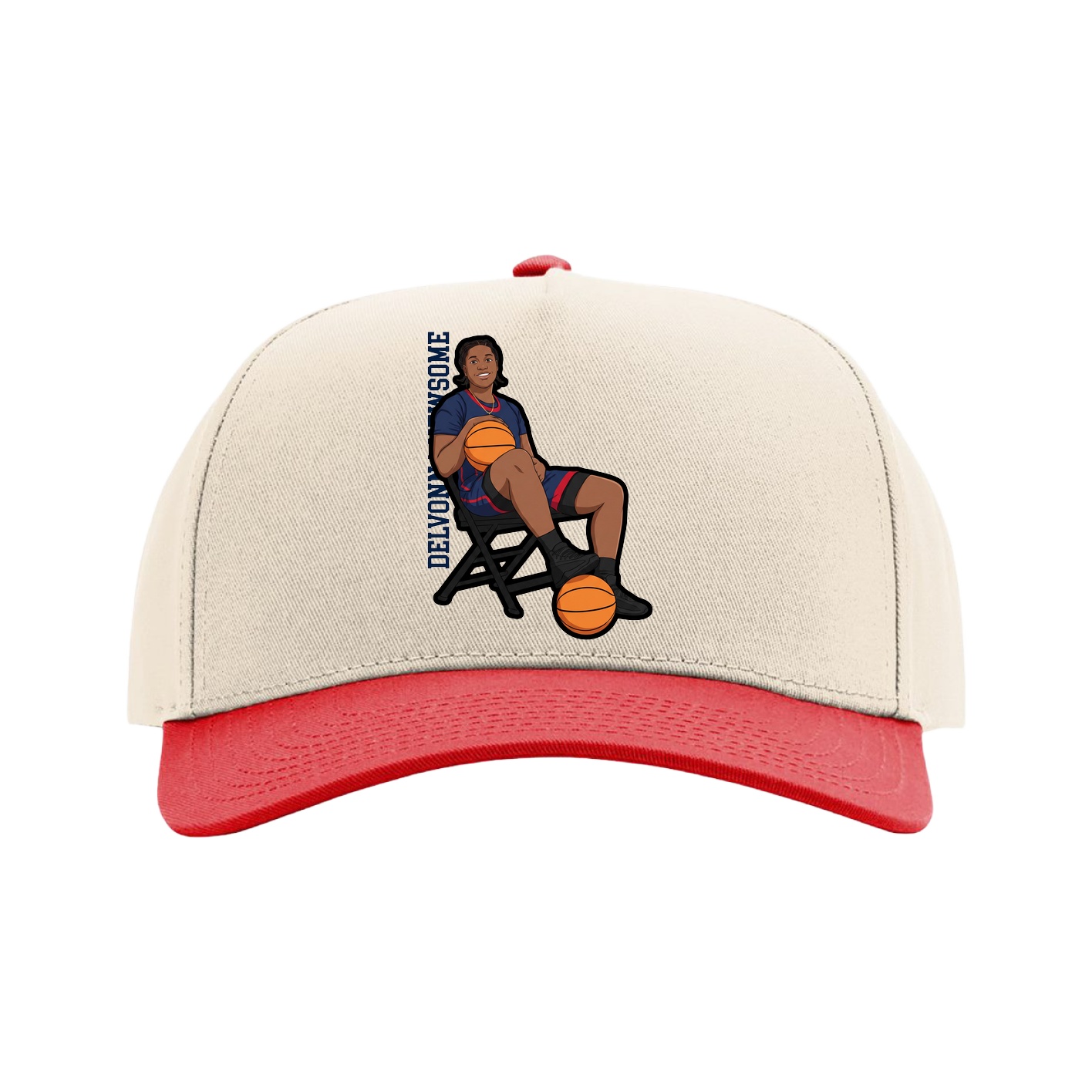 Full Fabric Five-Panel Champ Cap — Name Vertical in Cream/Red