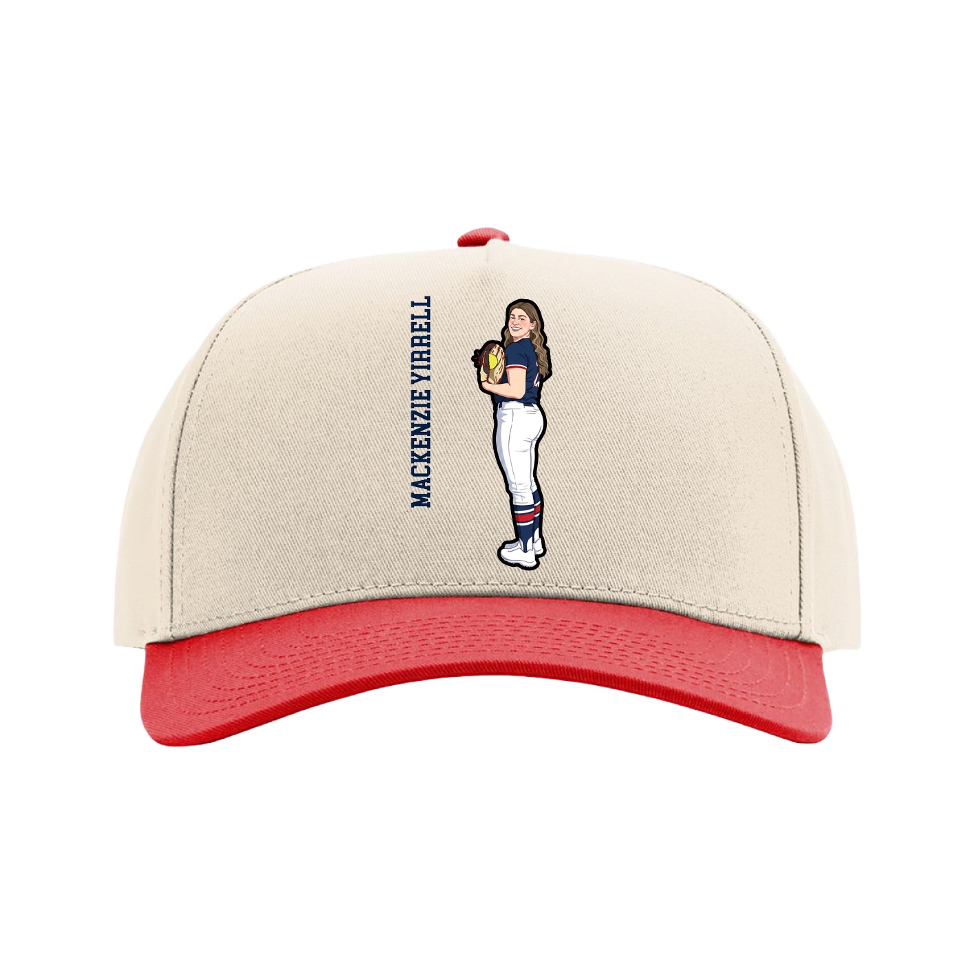 Full Fabric Five-Panel Champ Cap — Name Vertical in Cream/Red