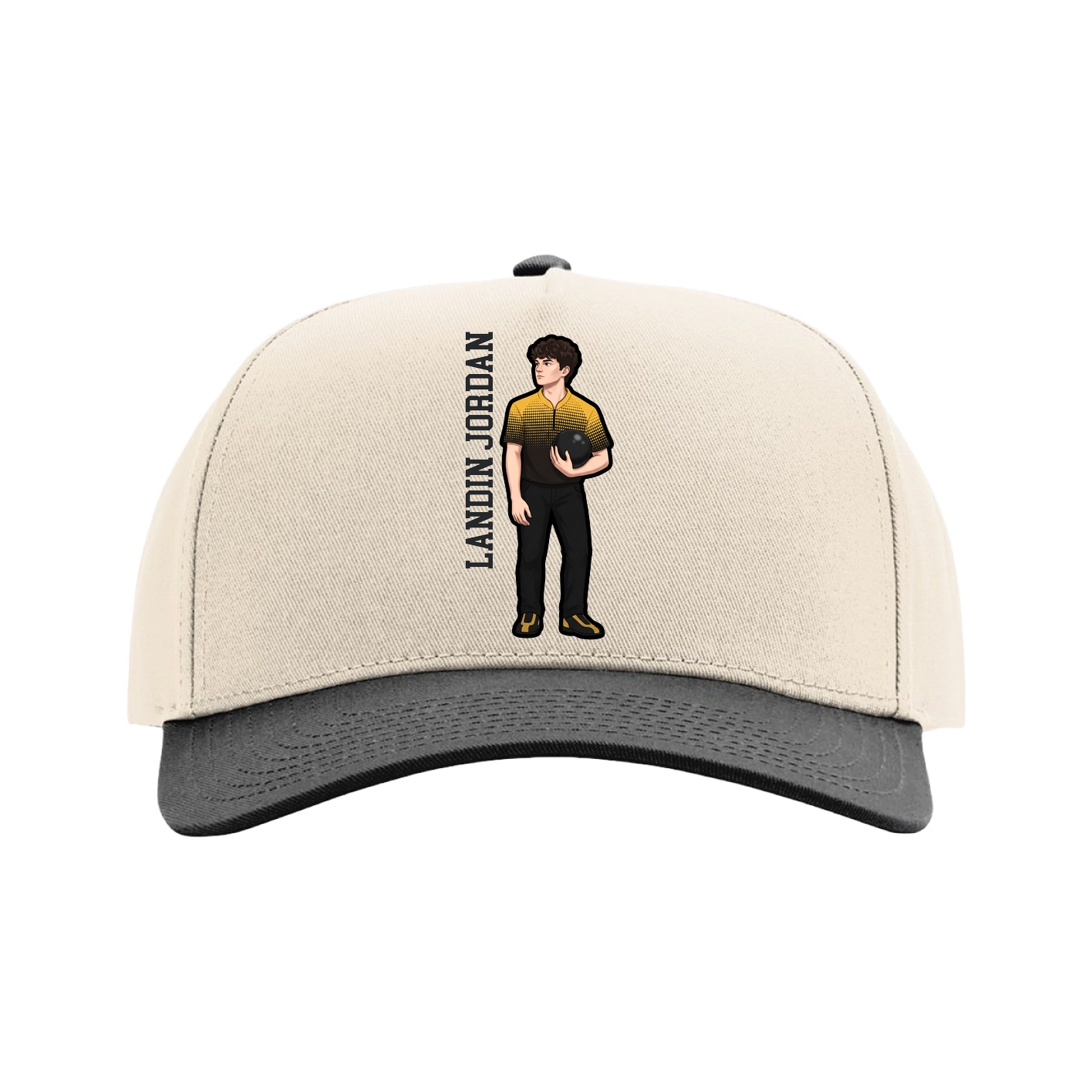 Full Fabric Five-Panel Champ Cap — Name Vertical in Cream/Black