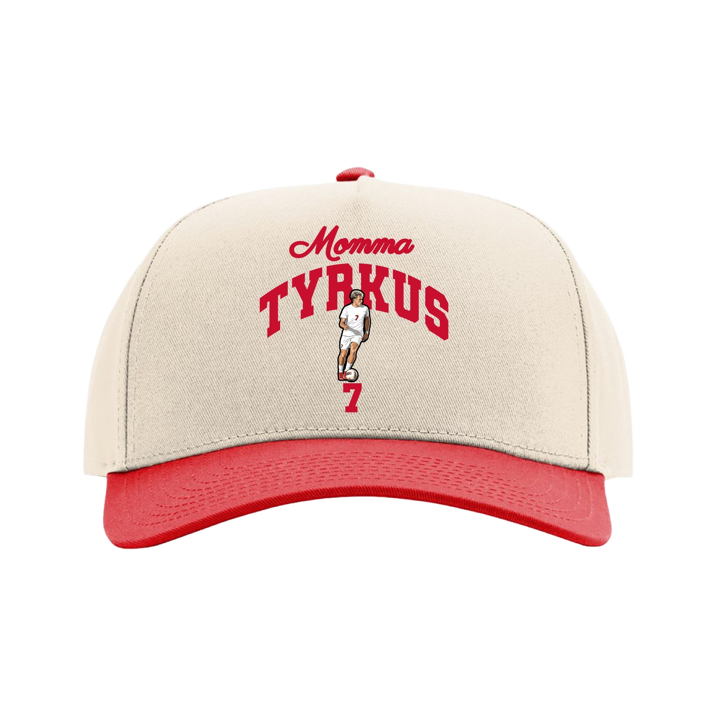 Full Fabric Five-Panel Champ Cap — Mothers Day Arch in Cream/Red