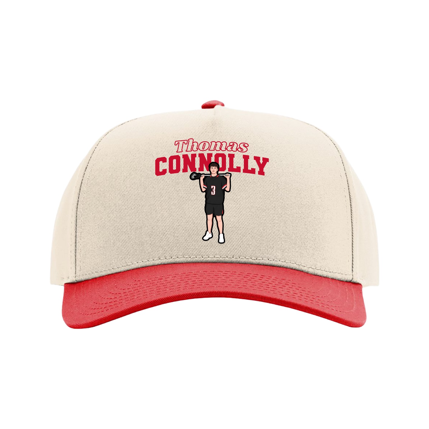Full Fabric Five-Panel Champ Cap — Name Arch in Cream/Red
