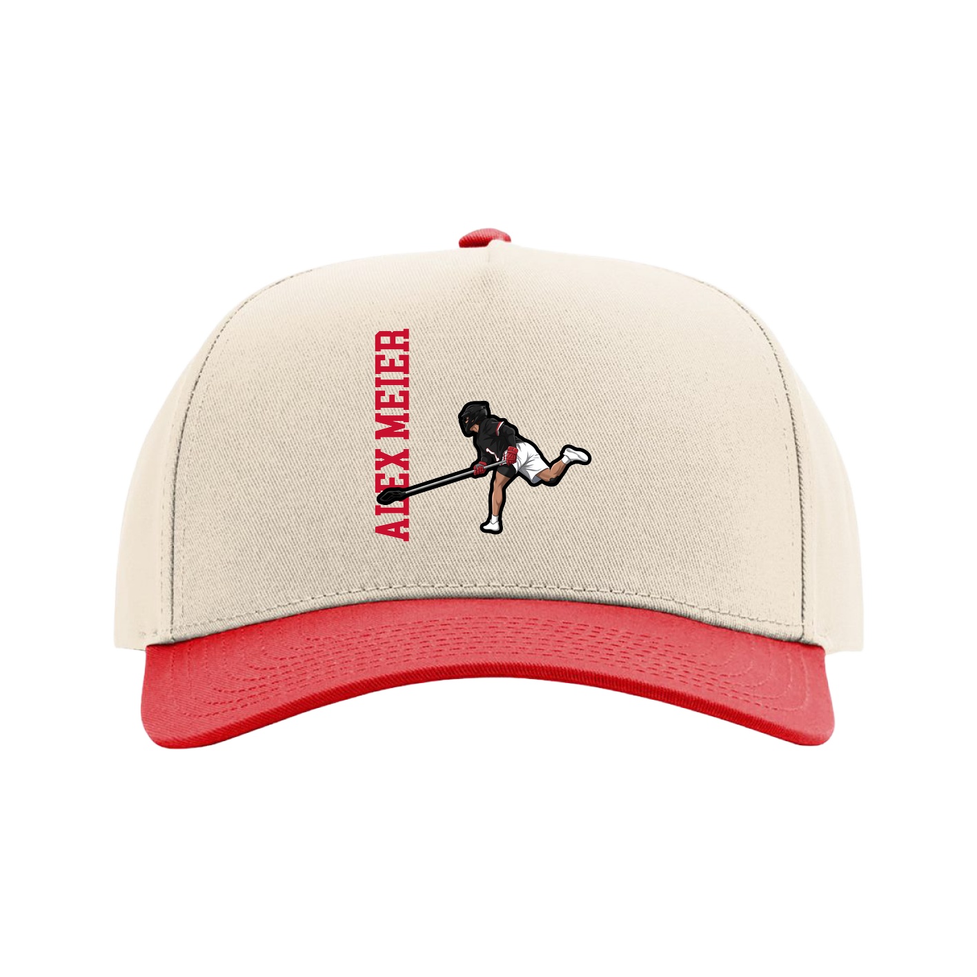 Full Fabric Five-Panel Champ Cap — Name Vertical in Cream/Red