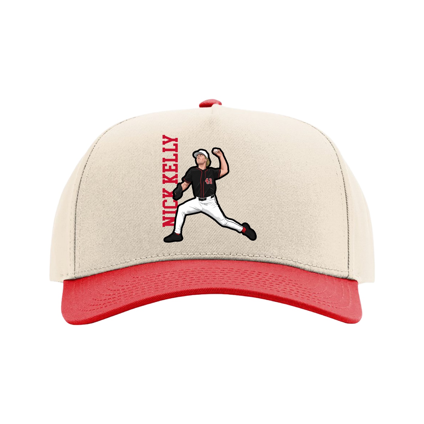 Full Fabric Five-Panel Champ Cap — Name Vertical in Cream/Red