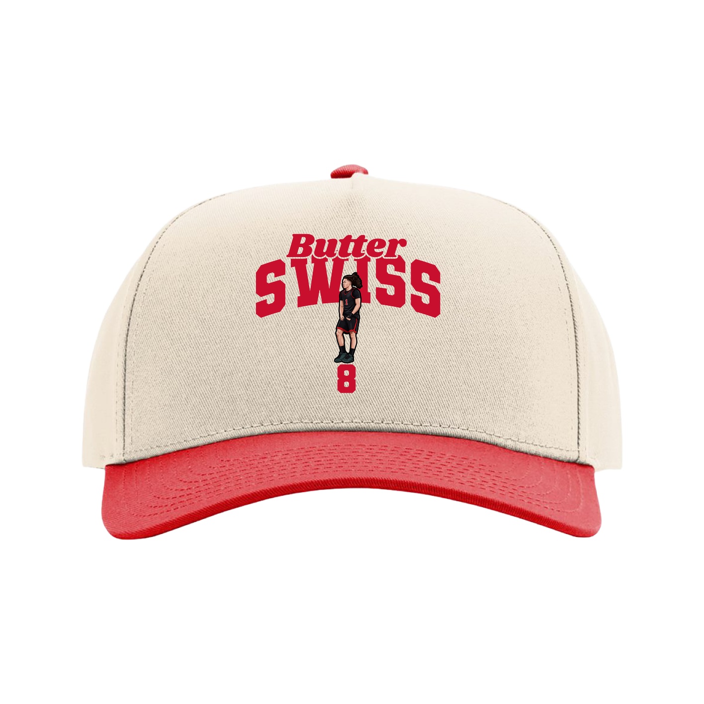 Full Fabric Five-Panel Champ Cap — Signature Arch in Cream/Red