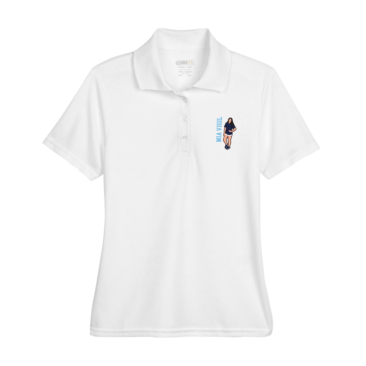 Womens Performance Polo — Name Vertical in White