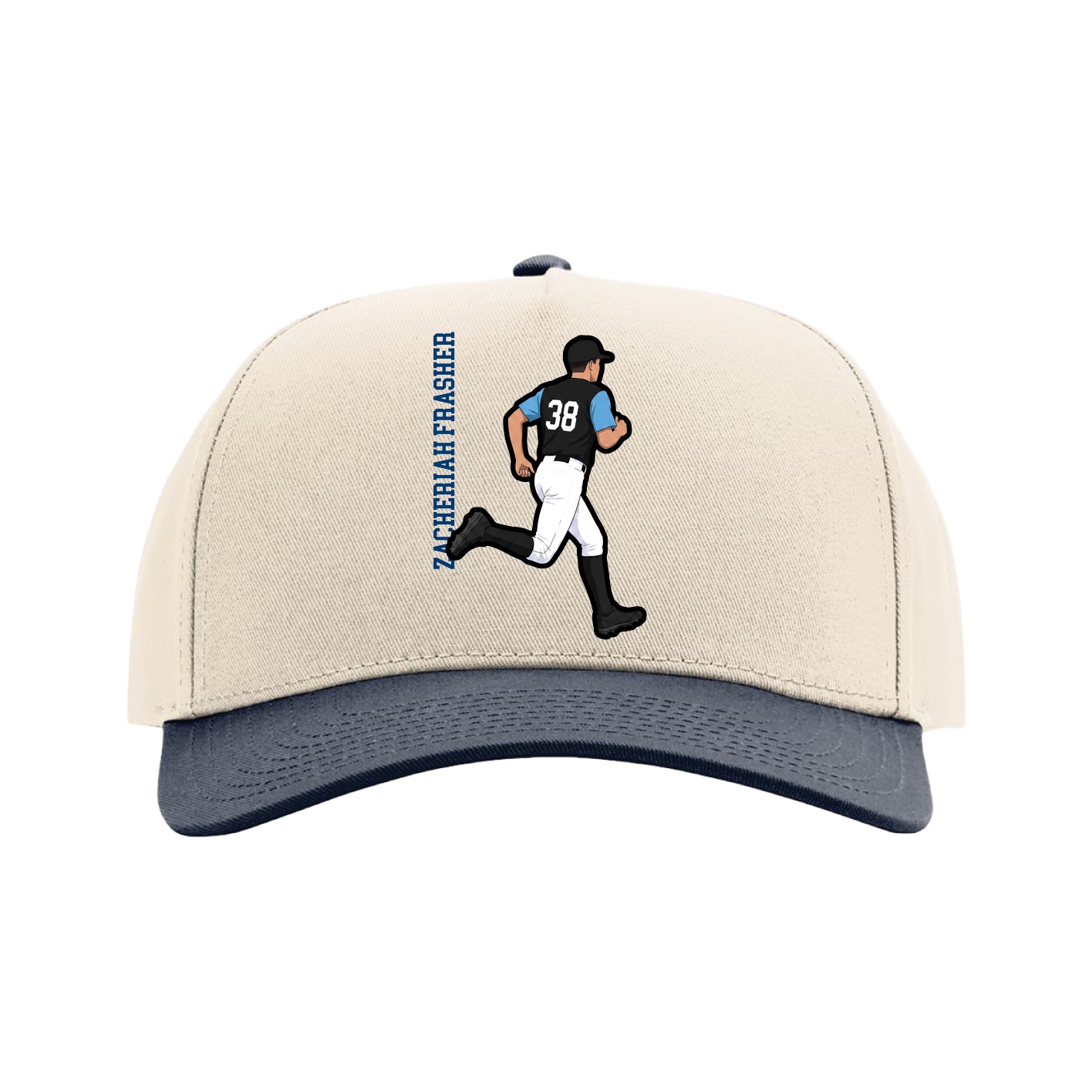 Full Fabric Five-Panel Champ Cap — Name Vertical in Cream/Navy