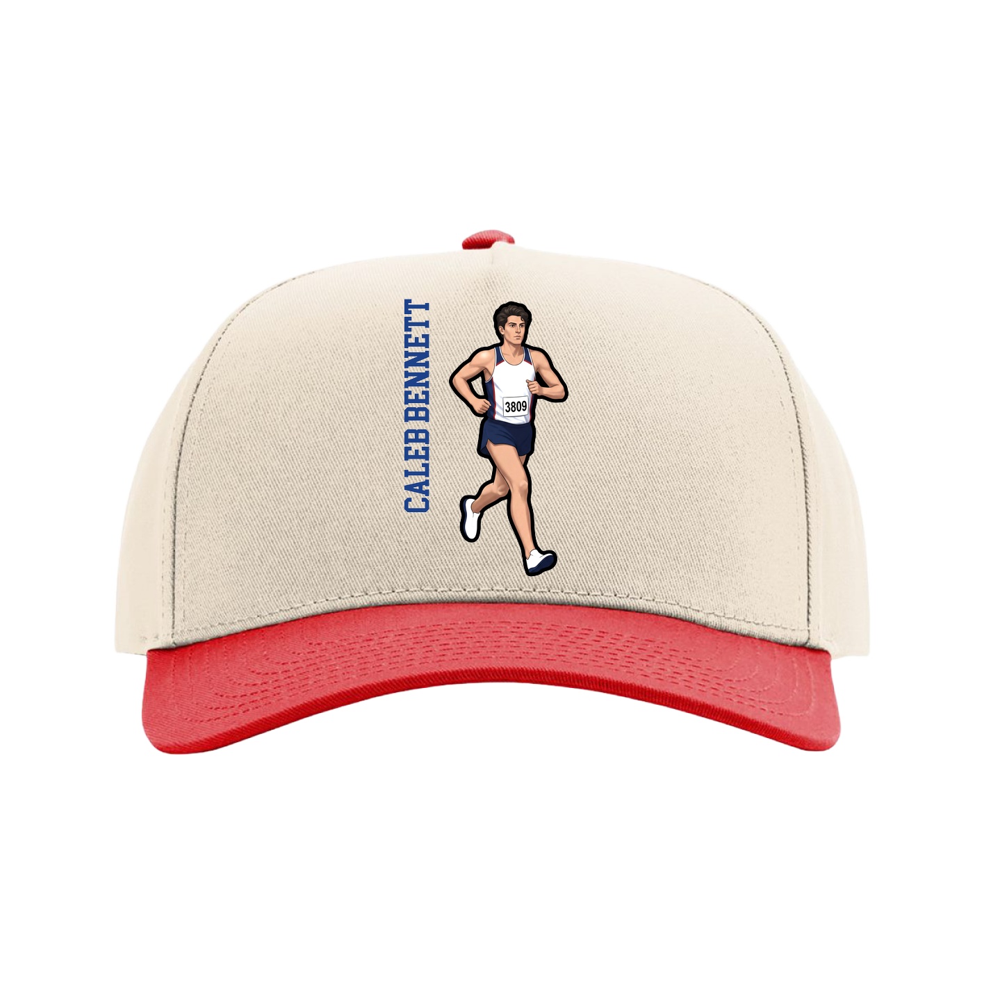 Full Fabric Five-Panel Champ Cap — Name Vertical in Cream/Red
