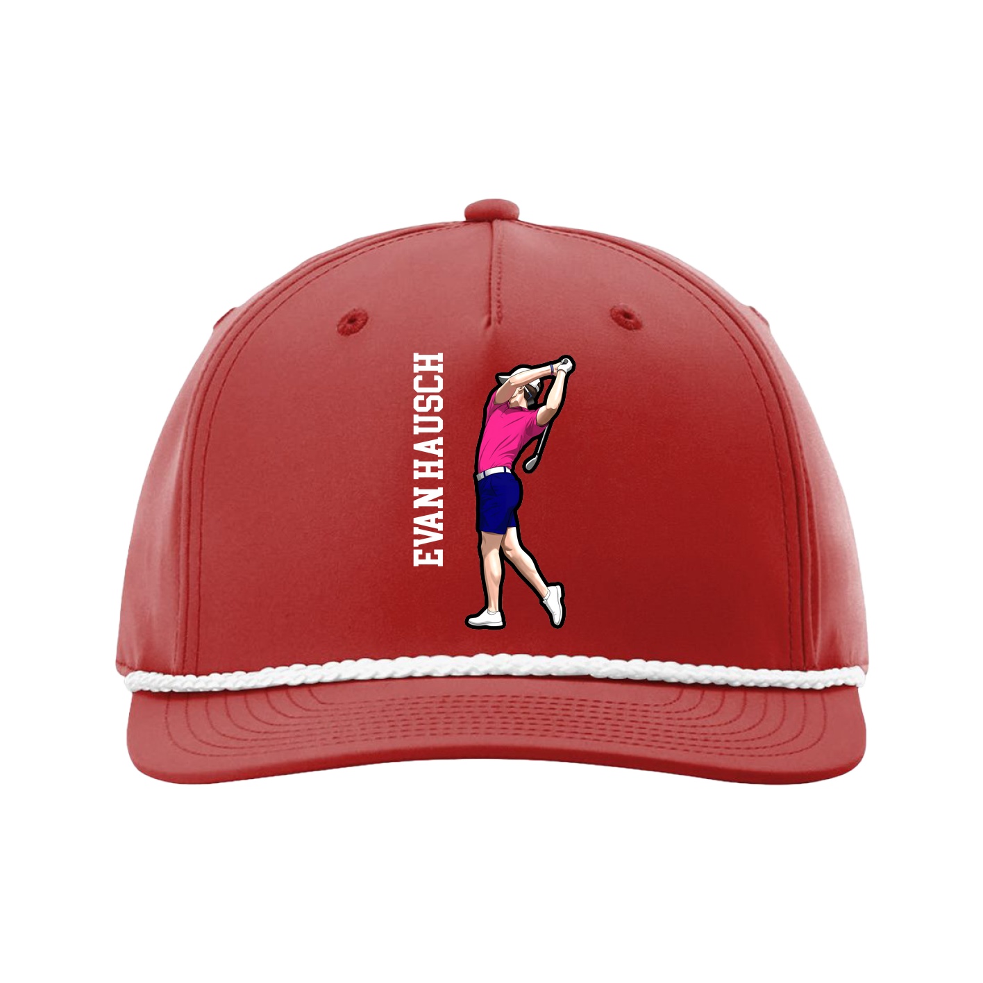 Five-Panel Classic Rope Cap — Name Vertical in Red