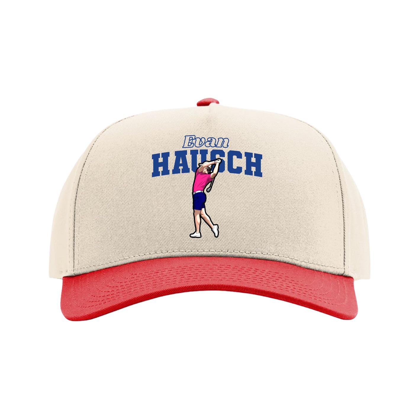 Full Fabric Five-Panel Champ Cap — Name Arch in Cream/Red