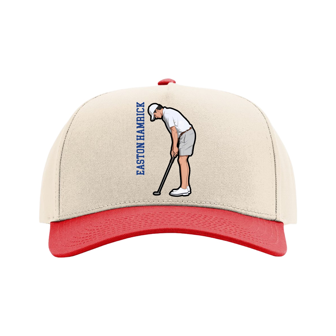 Full Fabric Five-Panel Champ Cap — Name Vertical in Cream/Red