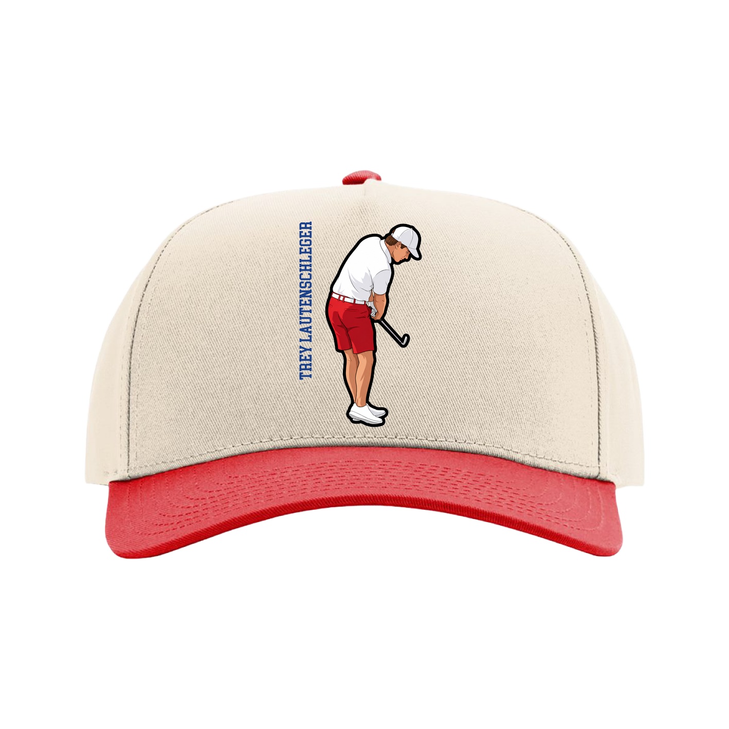 Full Fabric Five-Panel Champ Cap — Name Vertical in Cream/Red