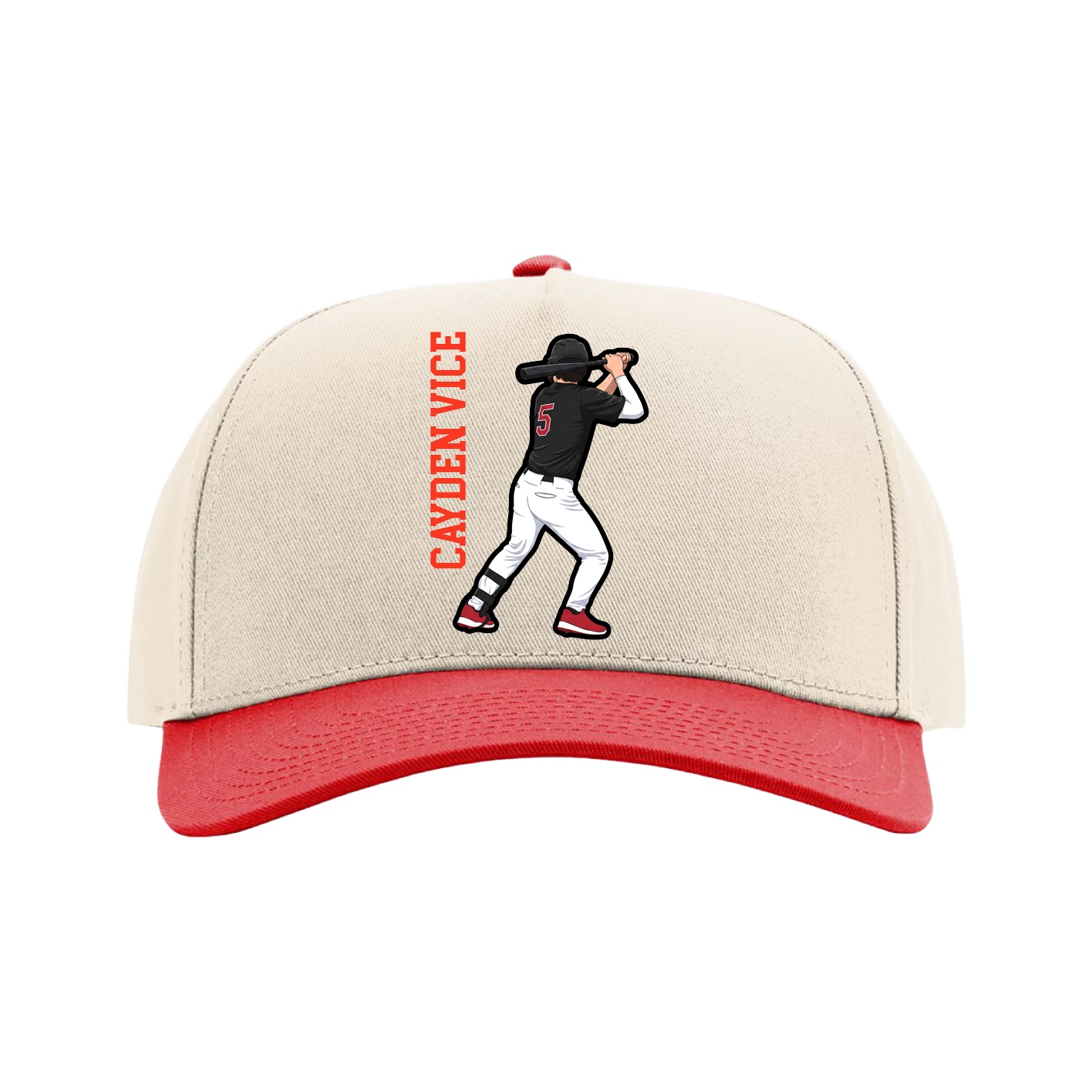 Full Fabric Five-Panel Champ Cap — Name Vertical in Cream/Red