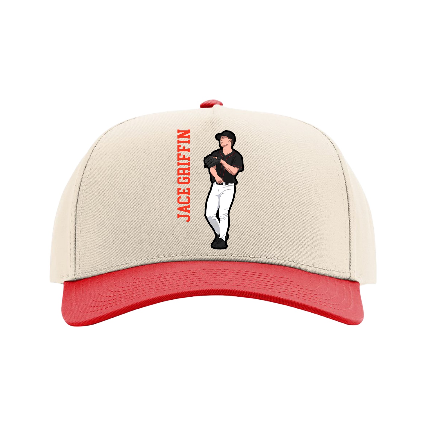 Full Fabric Five-Panel Champ Cap — Name Vertical in Cream/Red