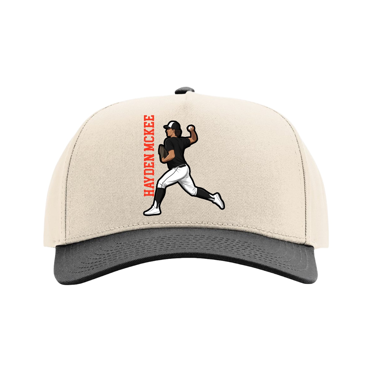 Full Fabric Five-Panel Champ Cap — Name Vertical in Cream/Black