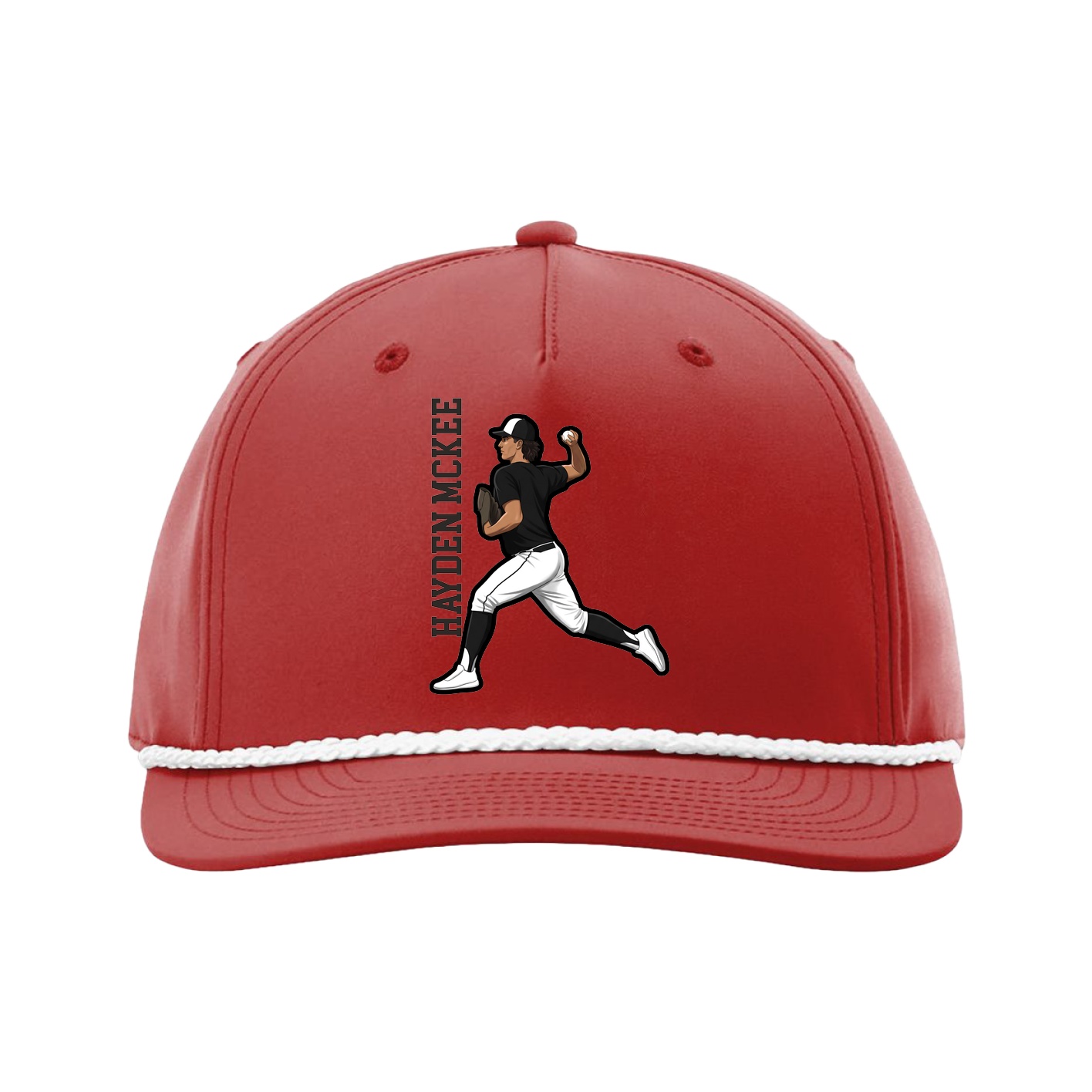 Five-Panel Classic Rope Cap — Name Vertical in Red