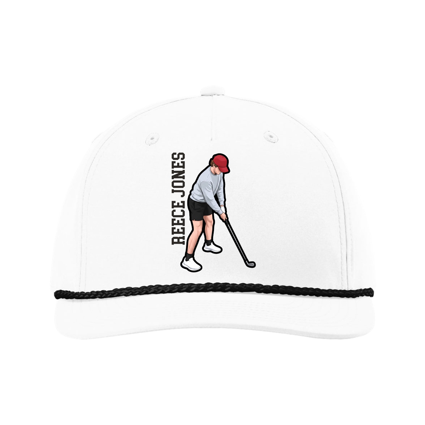 Five-Panel Classic Rope Cap — Name Vertical in White