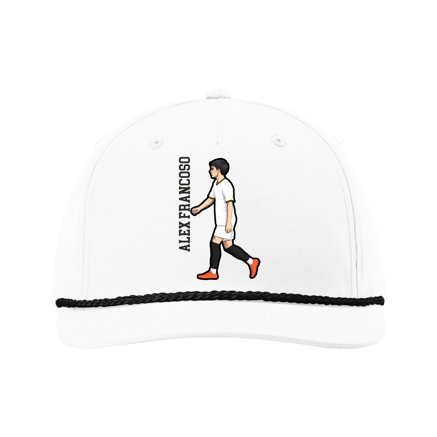 Five-Panel Classic Rope Cap — Name Vertical in White