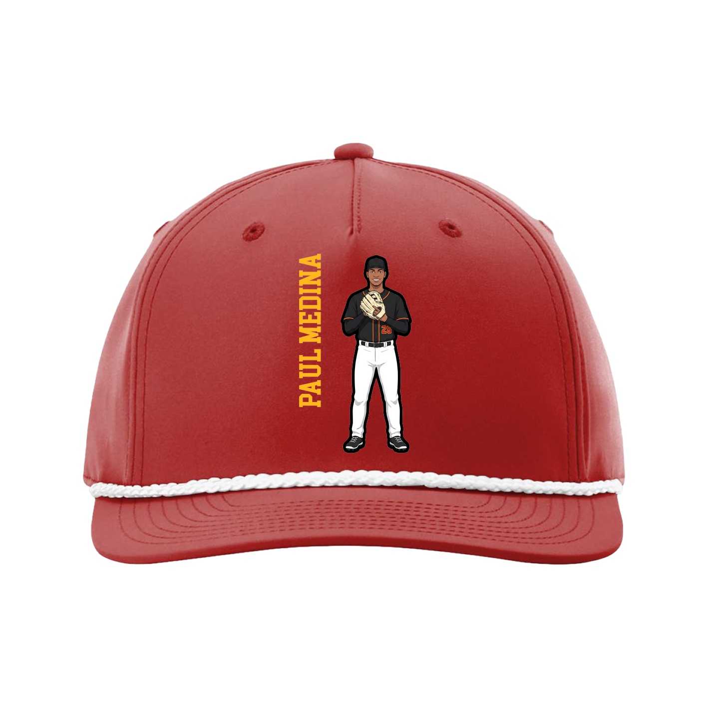 Five-Panel Classic Rope Cap — Name Vertical in Red