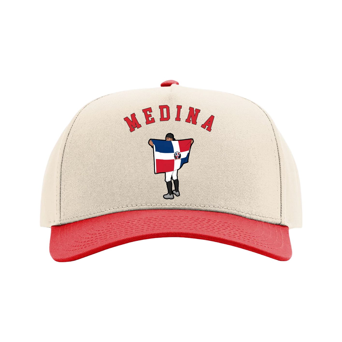 Full Fabric Five-Panel Champ Cap — Shirsey Arch in Cream/Red
