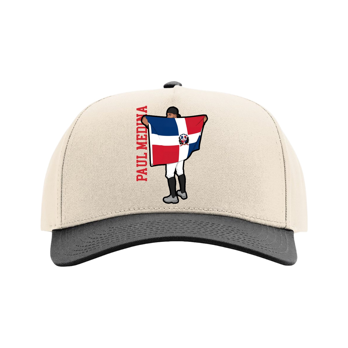 Full Fabric Five-Panel Champ Cap — Name Vertical in Cream/Black
