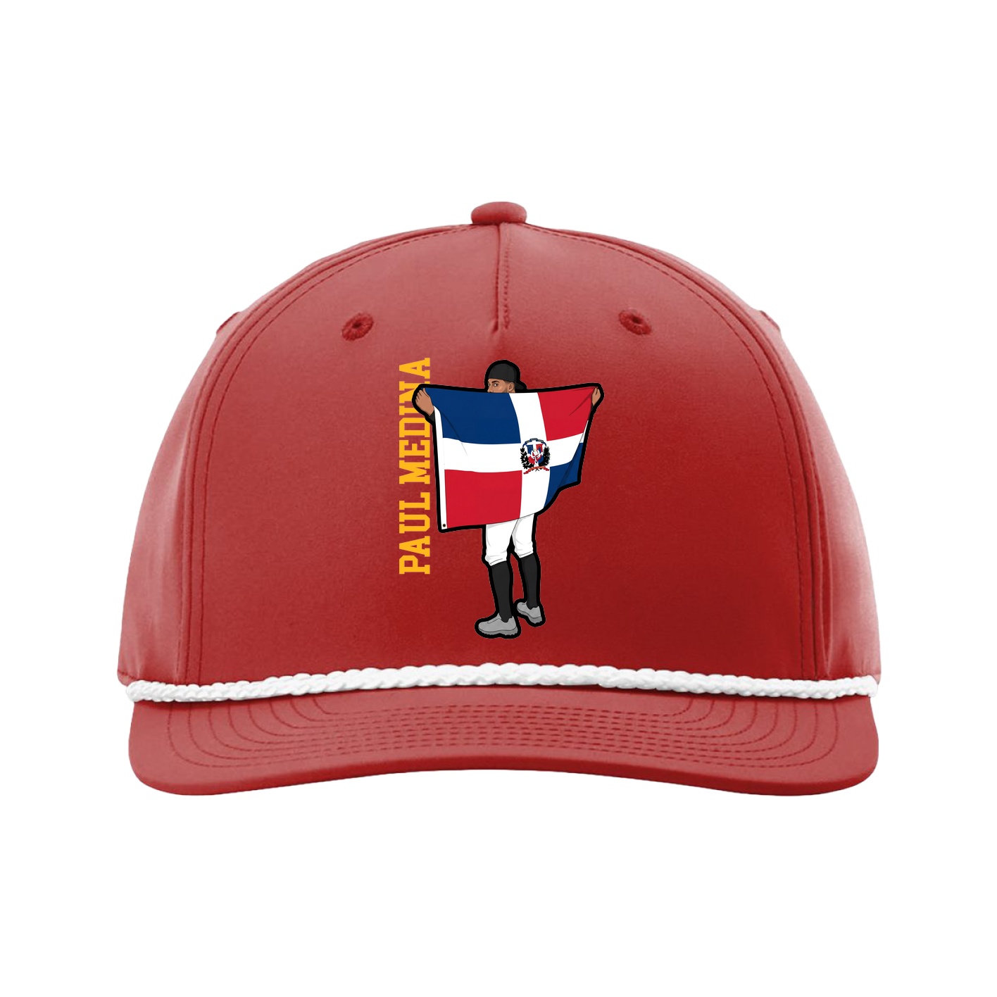 Five-Panel Classic Rope Cap — Name Vertical in Red