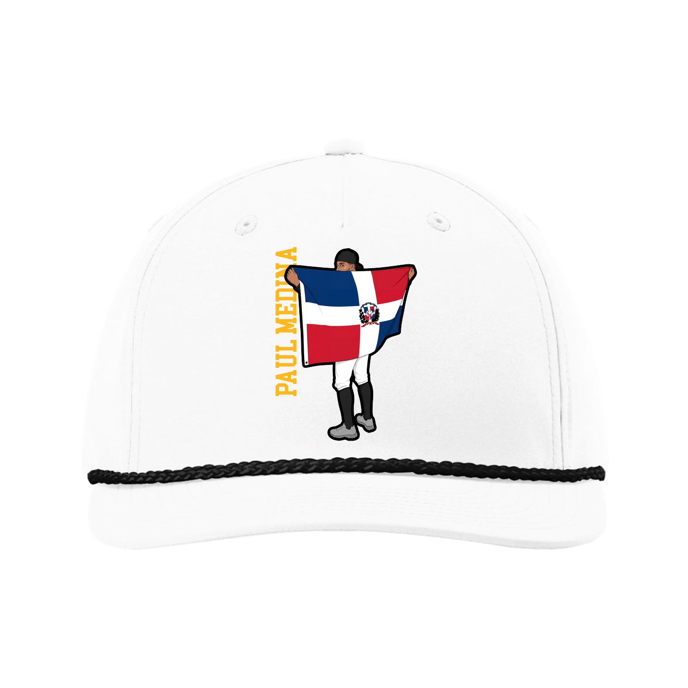 Five-Panel Classic Rope Cap — Name Vertical in White