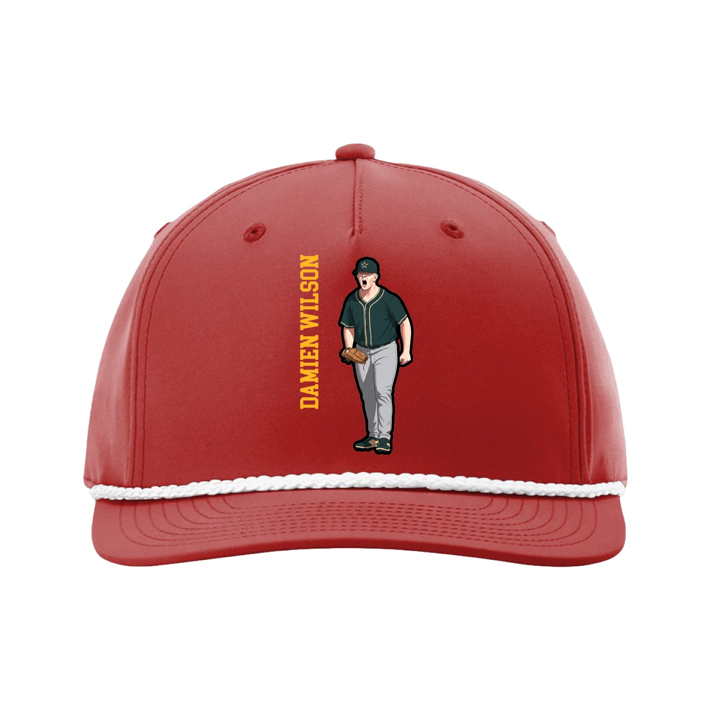 Five-Panel Classic Rope Cap — Name Vertical in Red