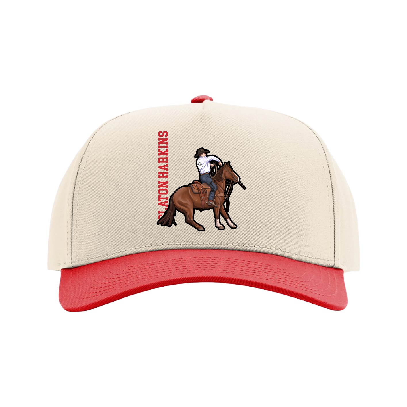 Full Fabric Five-Panel Champ Cap — Name Vertical in Cream/Red